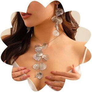 Bohemian Long Tassel Y Necklaces Ginkgo Leaf Design and Earring Set Silver